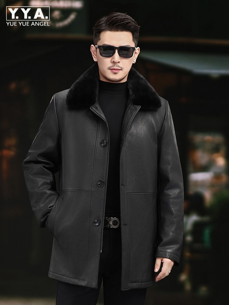 Leather Work Jacket Mens - เสื้อโค้ทหนังแท้บุขนมิงค์แท้สำหรับผู้ชายฤดูหนาว ทรงเข้ารูป สไตล์ธุรกิจ คุณภาพสูง ไซส์ใหญ่ถึง 5XL