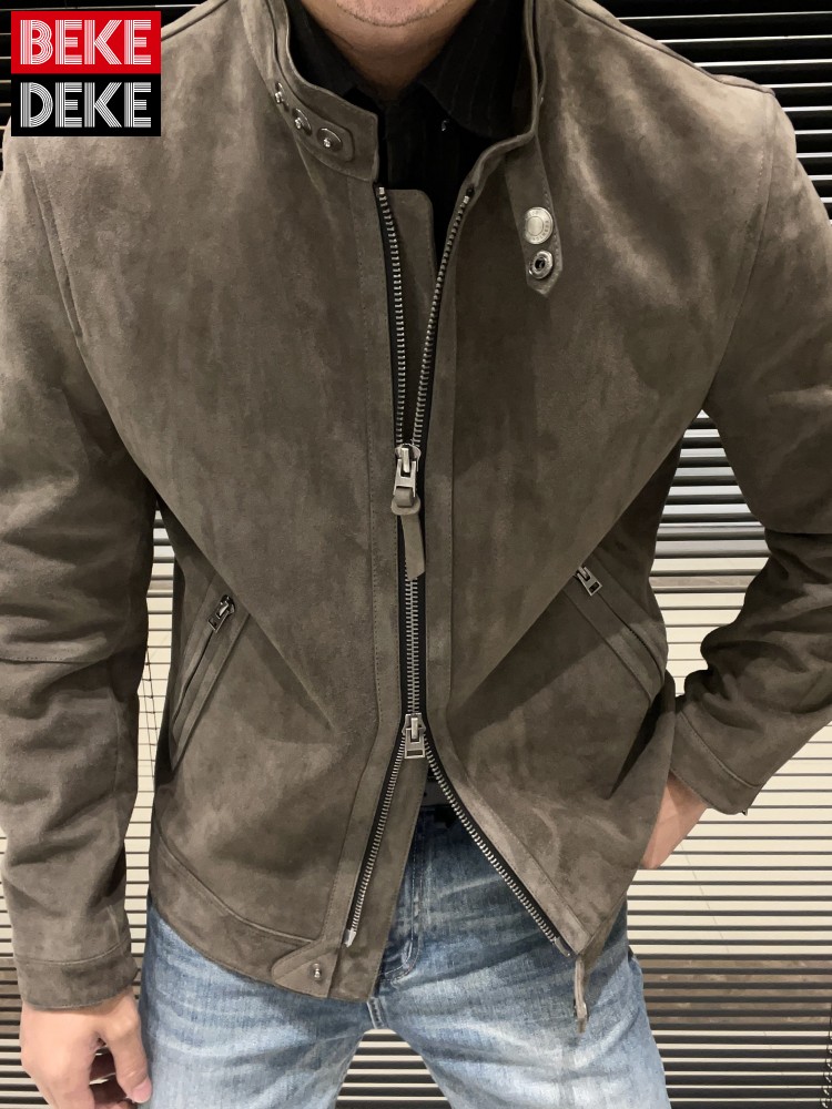 Leather Work Jacket Mens - เสื้อแจ็คเก็ตหนังกลับทรงสลิมฟิต คอตั้ง ซิปหน้า สำหรับผู้ชาย แฟชั่นใหม่ สไตล์นักขี่มอเตอร์ไซค์