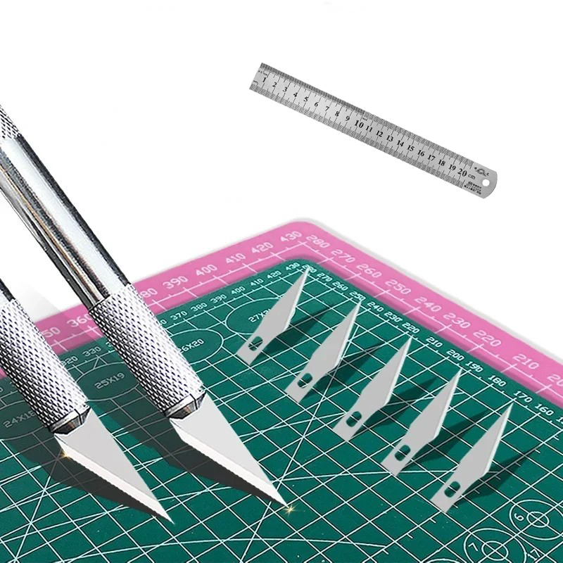 Leatherwork Ruler - แผ่นรองตัด A3 พร้อมมีดแกะสลัก/ชุดไม้บรรทัด แผ่นรองโต๊ะ PVC สำหรับงานหนัง