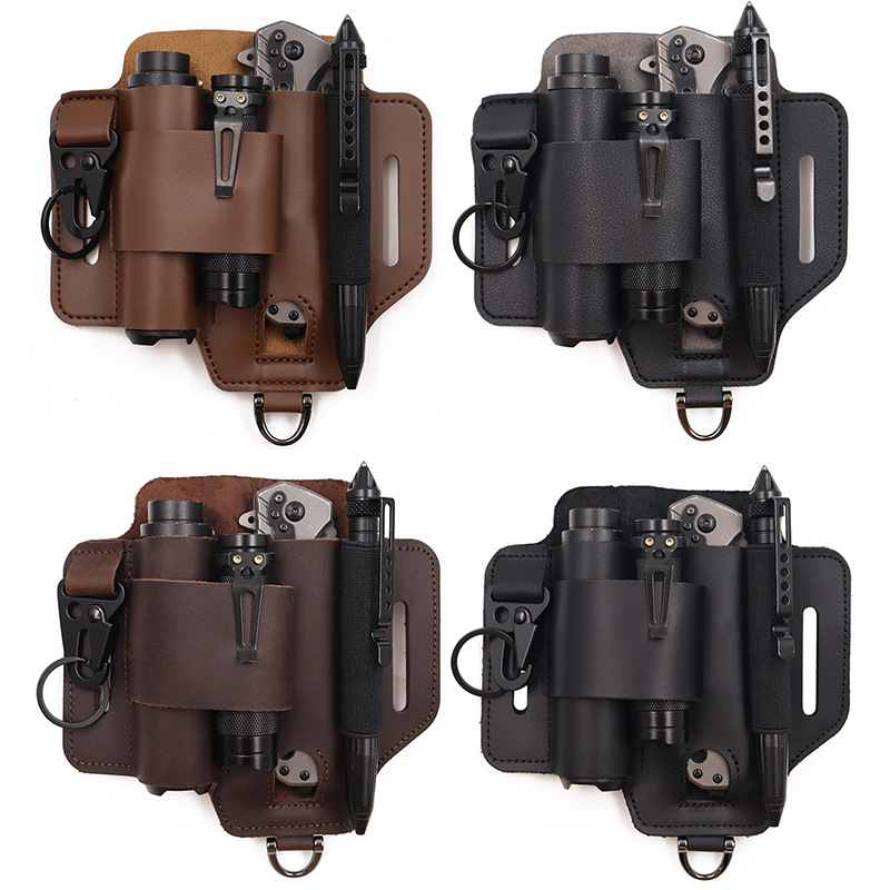 Leather Work Bag - ซองใส่เครื่องมือยุทธวิธี EDC สำหรับเอาตัวรอดในป่า กระเป๋าคาดเอวสำหรับเก็บของใช้กลางแจ้ง ซองใส่ไฟฉาย ซองใส่มีด