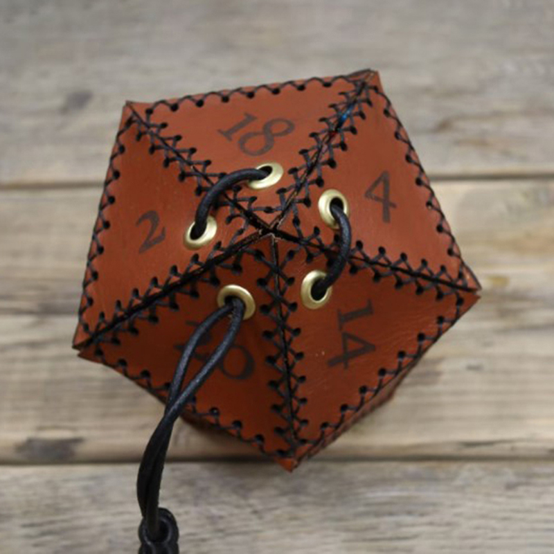 Leatherwork Ideas - กระเป๋าใส่ลูกเต๋าหนังแท้รุ่นใหม่ D20 สำหรับใช้ในชีวิตประจำวัน ไอเดียของขวัญ กล่องเก็บลูกเต๋าทรงหลายเหลี่ยม กระเป๋าใส่ลูกเต๋าแบบเชือกรูดเสริมความแข็งแรง
