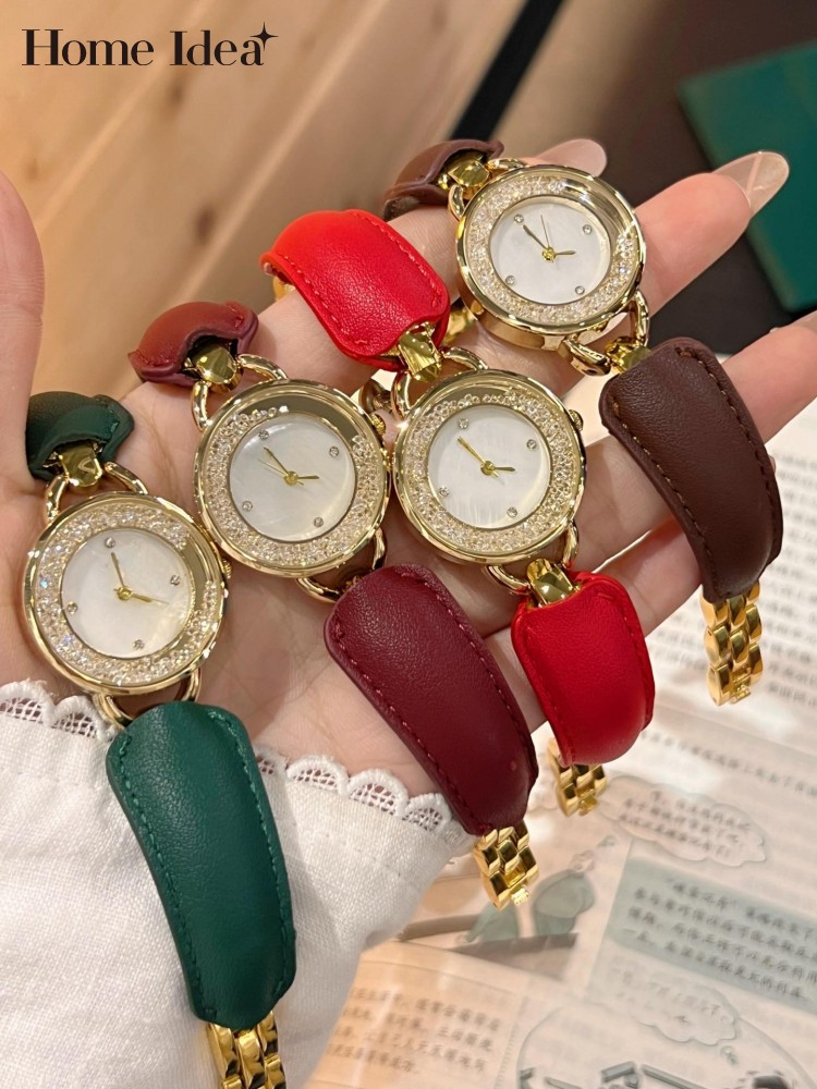 Leatherwork Ideas - นาฬิกาข้อมือผู้หญิงดีไซน์หรูหรา สายหนังแท้ ประดับเพชรแวววาว ระบบควอตซ์ เหมาะสำหรับทำงานออฟฟิศ เครื่องประดับสุดประณีต