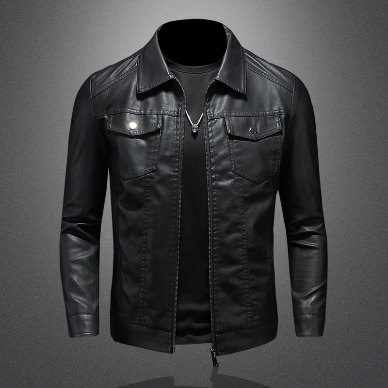 Leather Work Jacket Mens - เสื้อแจ็คเก็ตหนังผู้ชายแบบมีปก ทรงโอเวอร์ไซส์ สำหรับขี่มอเตอร์ไซค์ ฤดูใบไม้ร่วงและฤดูหนาว หนัง PU