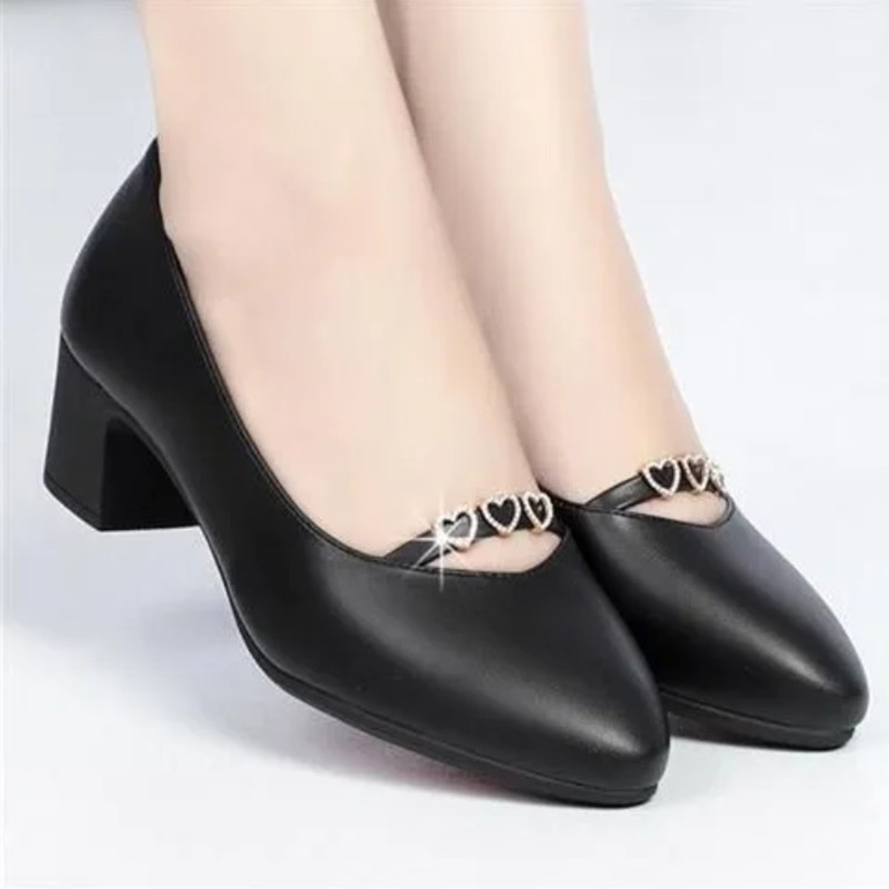 Leatherworking Classic - รองเท้าส้นสี่เหลี่ยมสีดำ Comfort หวานน้ำหนักเบาสำหรับผู้หญิงสำนักงานรองเท้าส้นเตี้ยปาร์ตี้สีแดงสุดเซ็กซี่รองเท้าแนวสตรีทและทำงานคลาสสิค A19