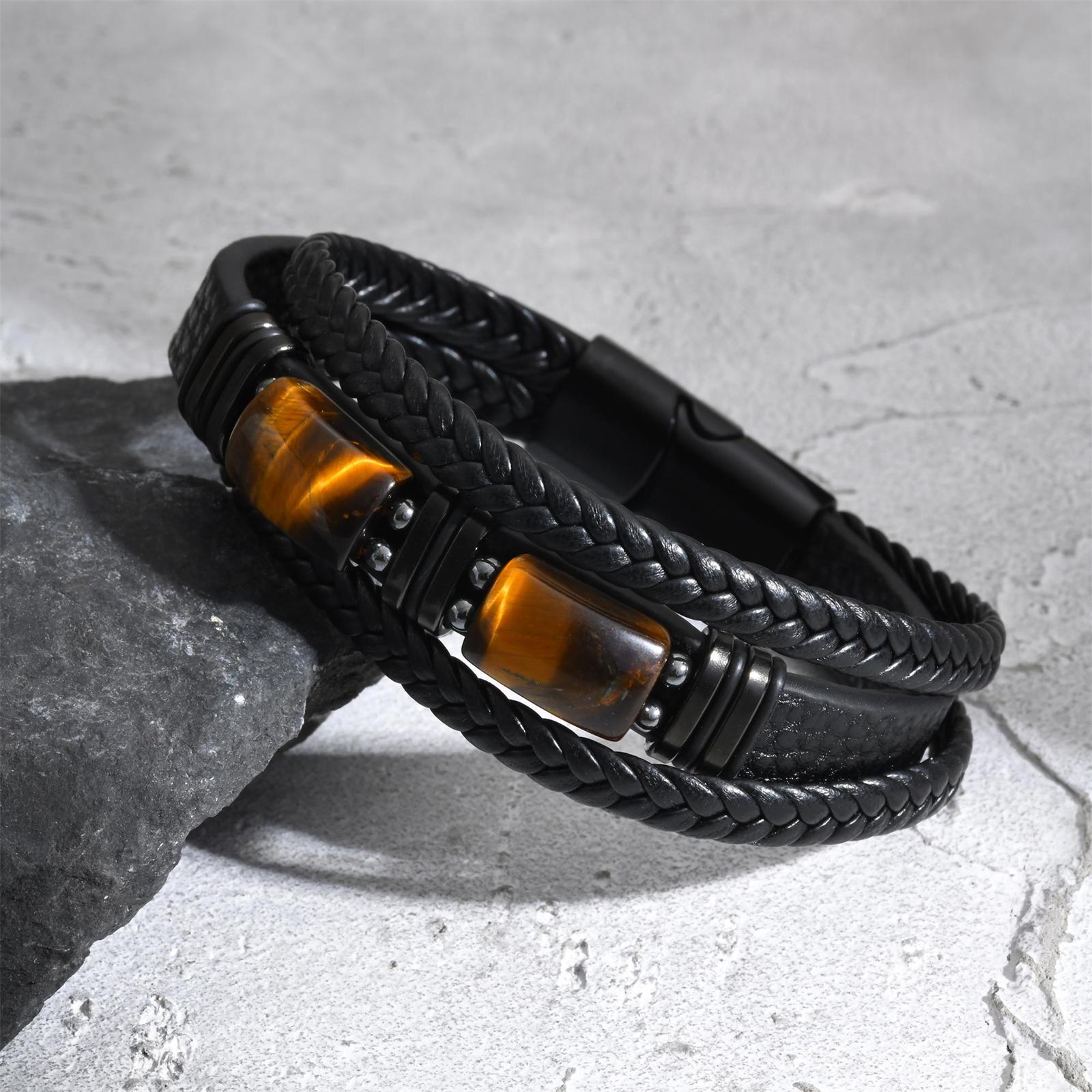 Leatherwork Logo - กำไลข้อมือหนังถักสำหรับผู้ชาย ประดับด้วยหินไทเกอร์อาย สีดำ ตัวล็อคแม่เหล็ก เครื่องประดับแฟชั่นทันสมัย เรียบง่าย