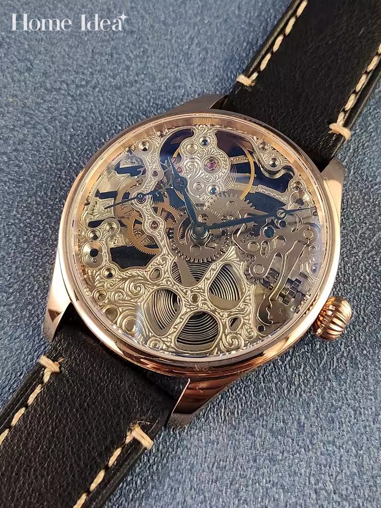 Leatherwork Ideas - นาฬิกาข้อมือผู้ชายธุรกิจแฟชั่นหรูหรา ระบบไขลานด้วยมือ สายหนังแท้ หัวเข็มขัดแบบหมุด ดีไซน์โปร่งใส