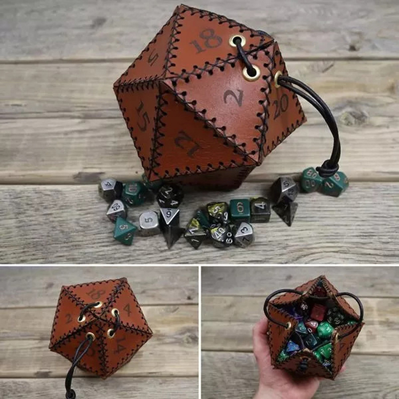 Leatherwork Ideas - ใหม่กระเป๋าหนัง D20ลูกเต๋ากล่องเก็บลูกเต๋าหลายเหลี่ยมเสริมเชือกกระเป๋าลูกเต๋าสำหรับใส่ทำงานประจำวันไอเดียของขวัญ