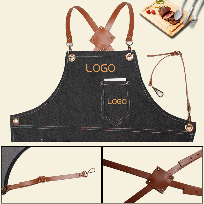 Leatherwork Logo - ผ้ากันเปื้อนยีนส์สายหนัง PU ลายดอกไม้ สำหรับบาริสต้า ช่างตัดผม ผู้หญิง