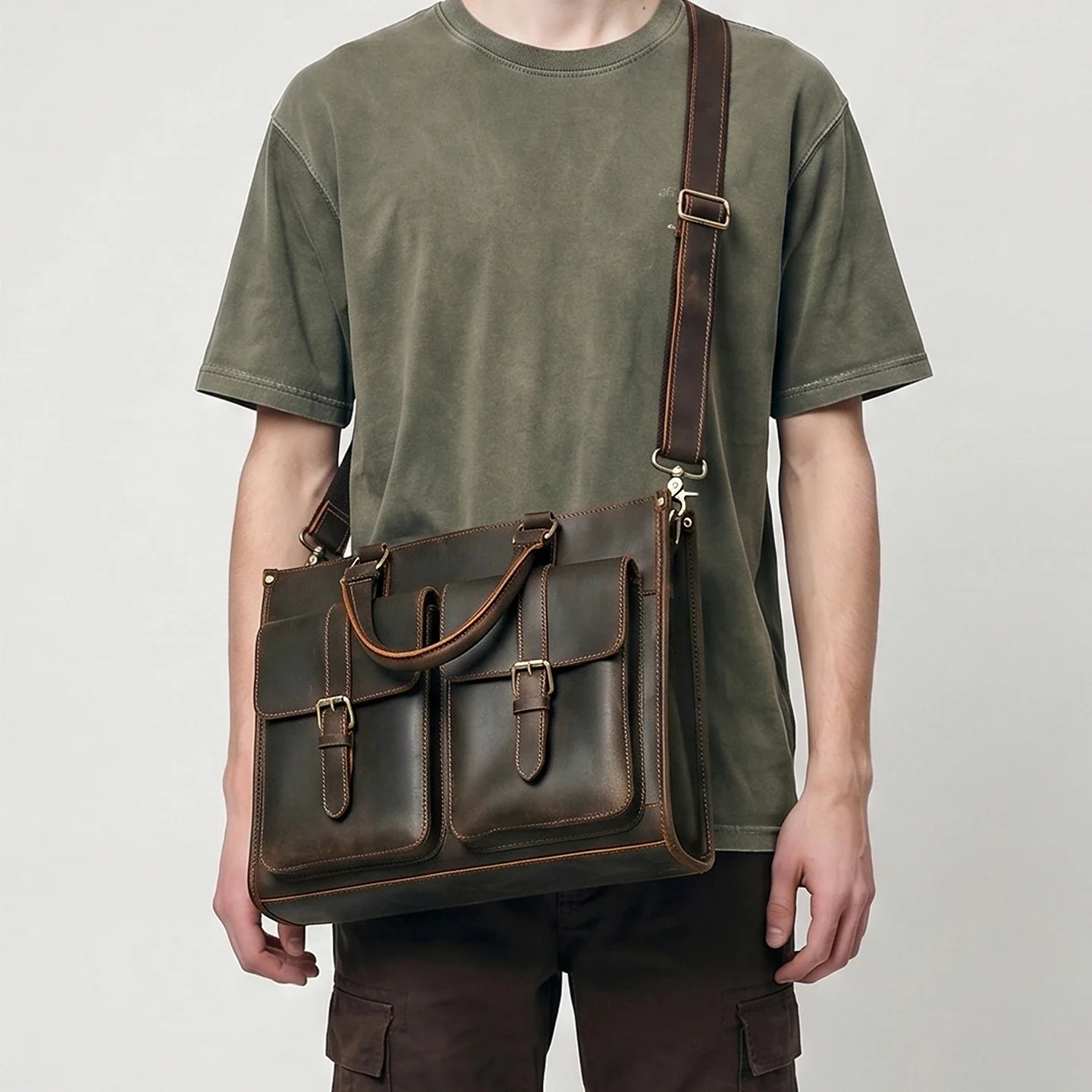 กระเป๋าหนังแท้สไตล์วินเทจสำหรั - Leather Work Laptop Bag บทวิจารณ์และราคา
